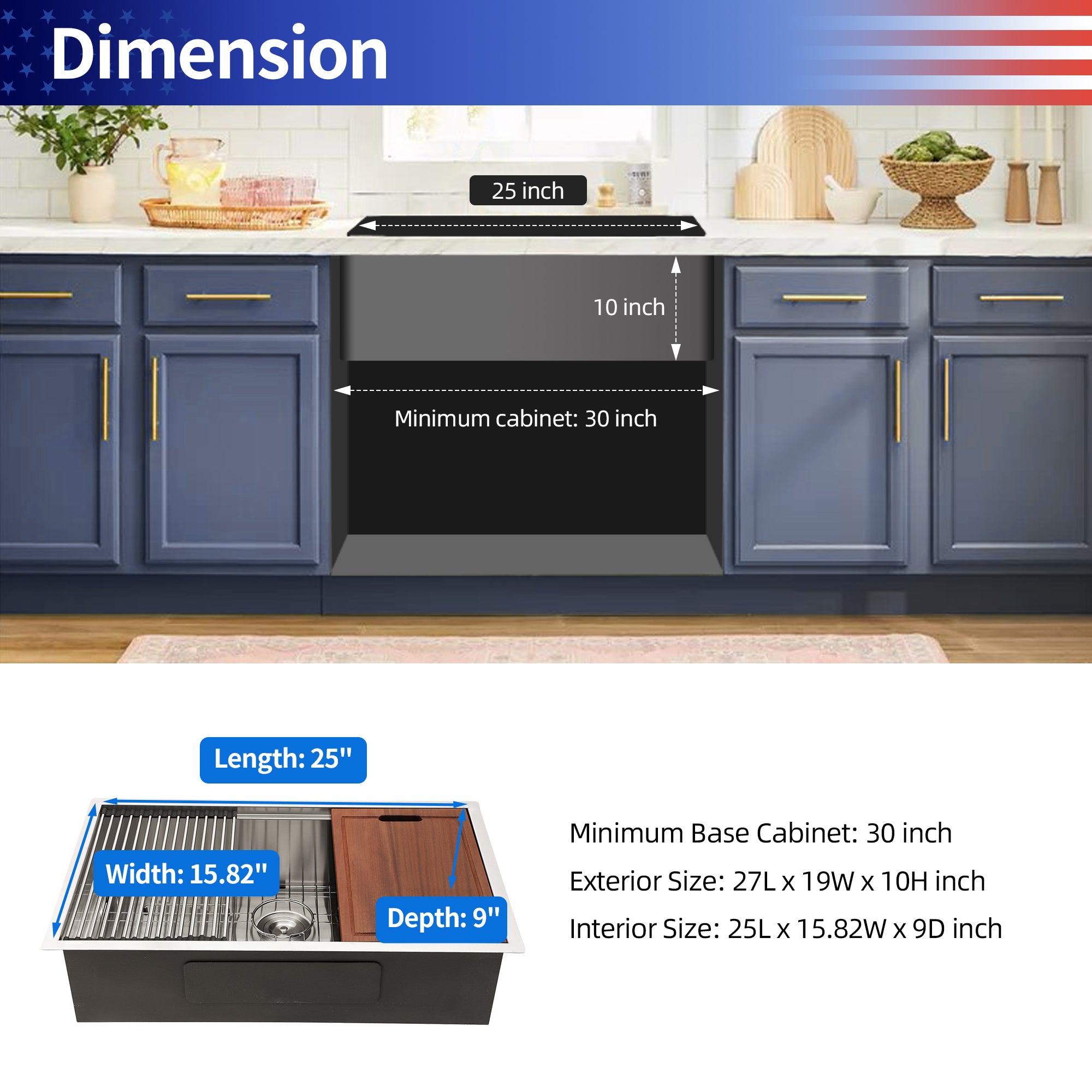 Undermount Single Bowl Stainless Steel Kitchen Sink with Workstation