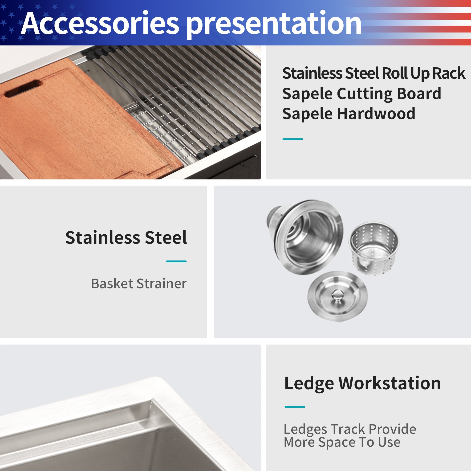 Undermount Single Bowl Stainless Steel Kitchen Sink with Workstation