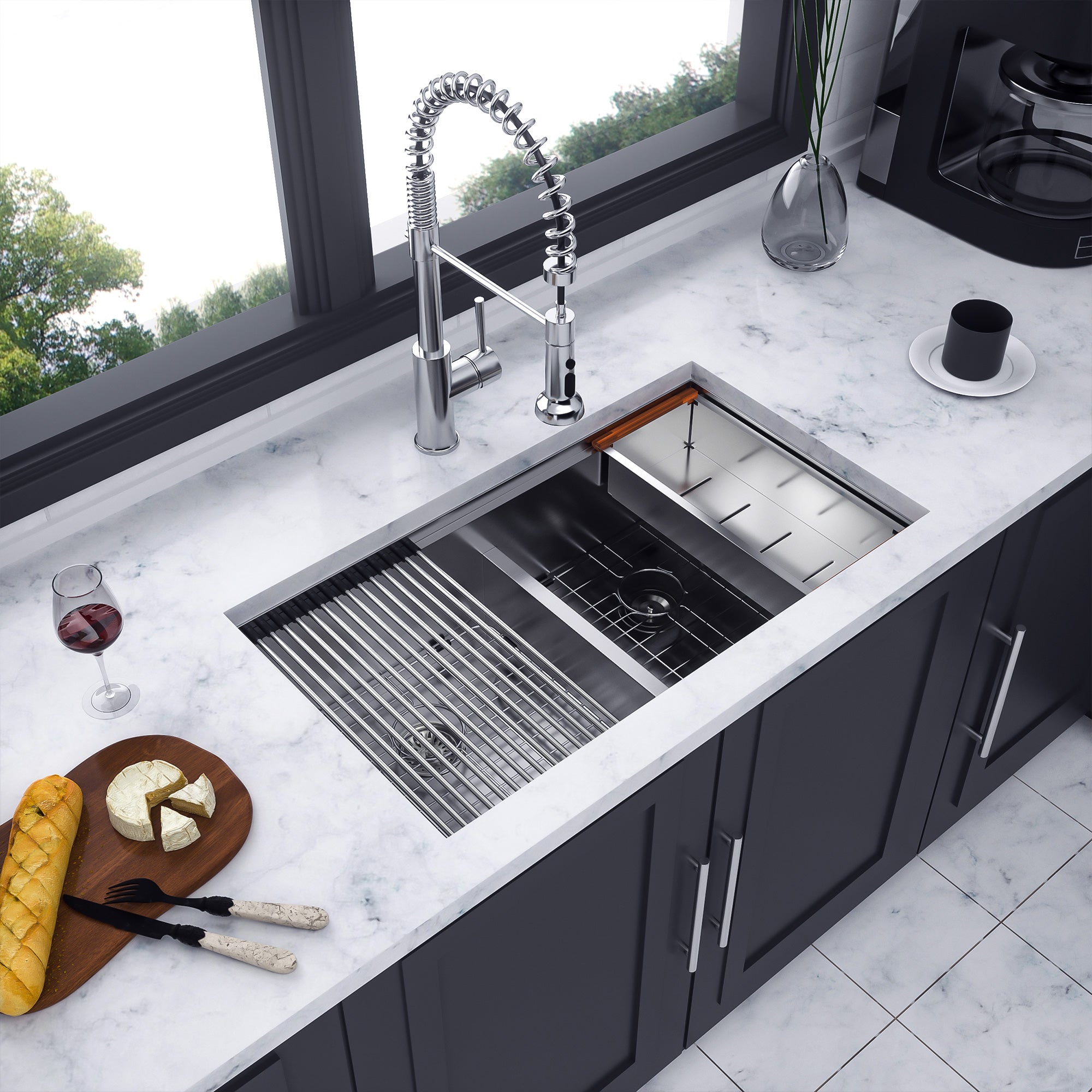 Undermount Double Bowl Stainless Steel Kitchen Sink with Workstation