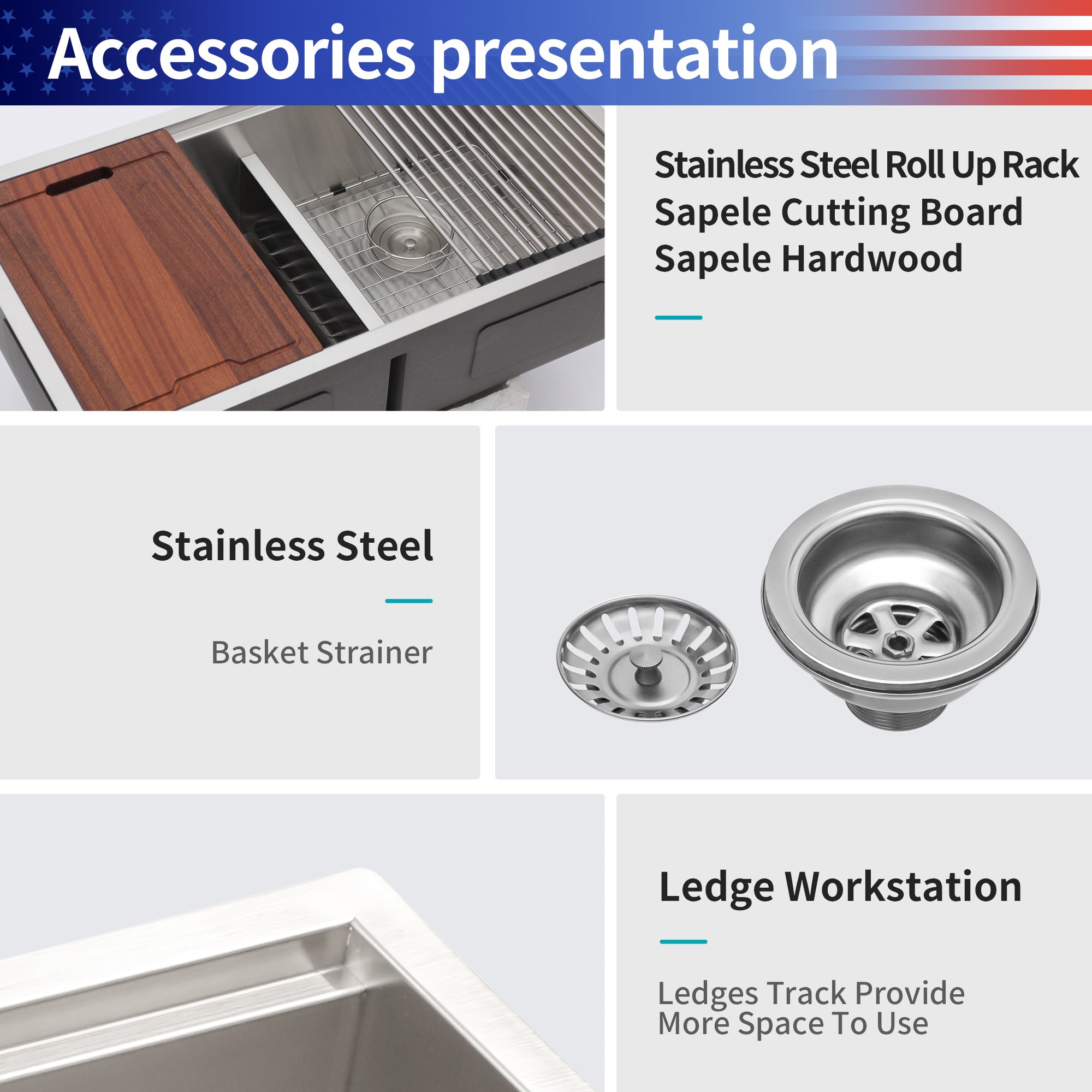 Undermount Double Bowl Stainless Steel Kitchen Sink with Workstation