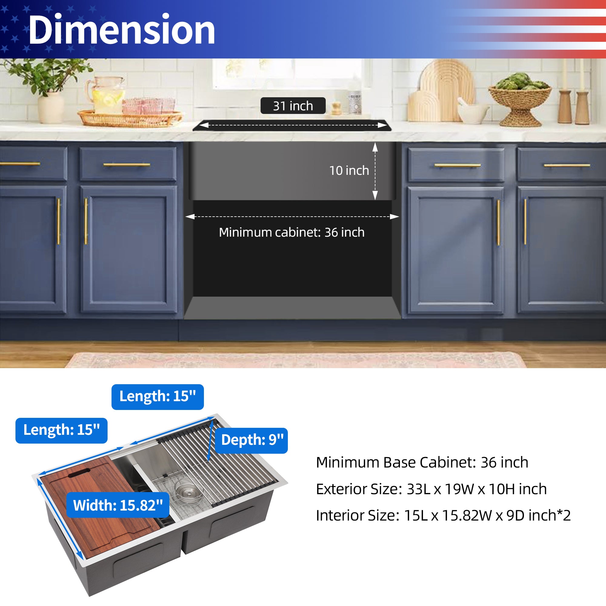 Undermount Double Bowl Stainless Steel Kitchen Sink with Workstation