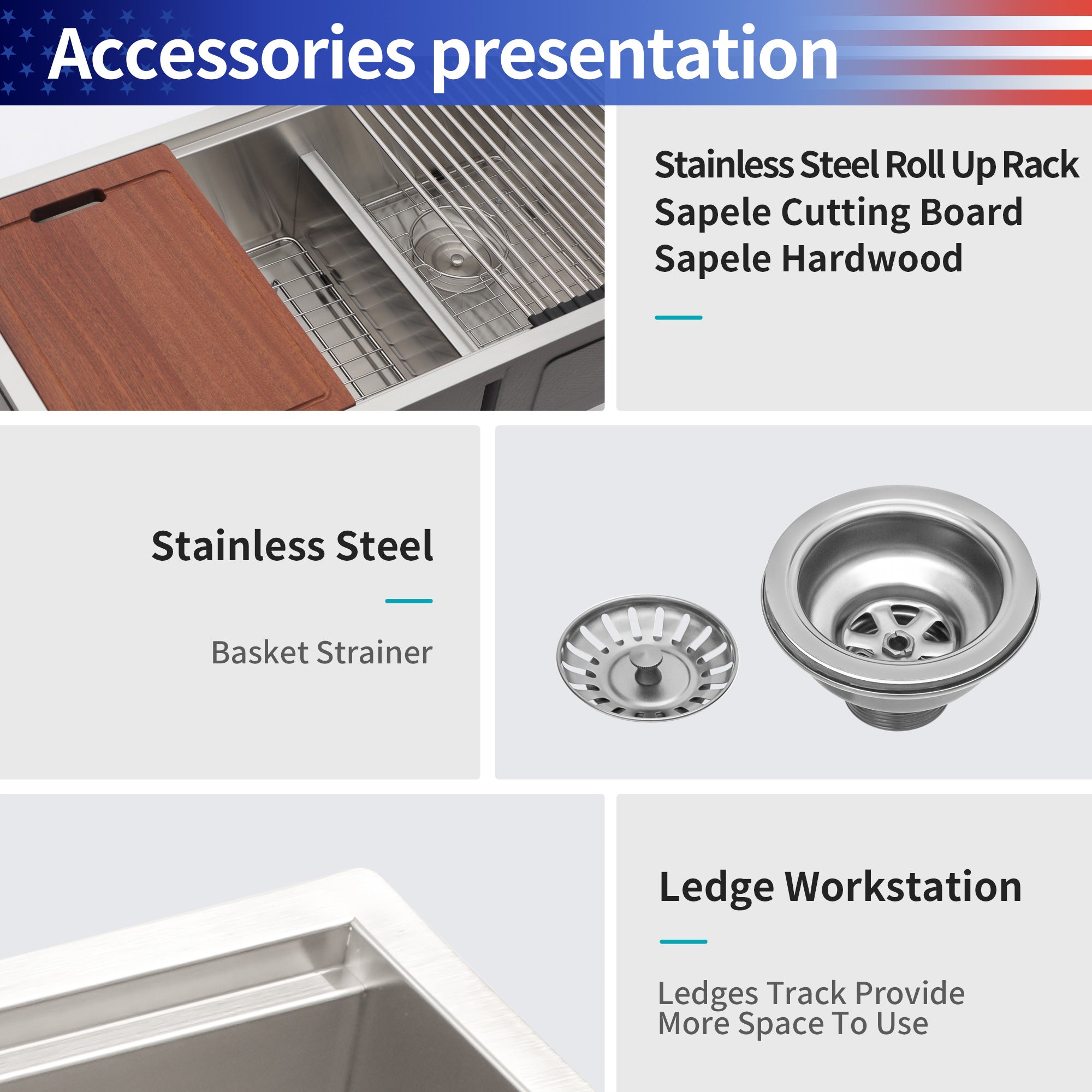 Undermount Double Bowl Stainless Steel Kitchen Sink with Workstation