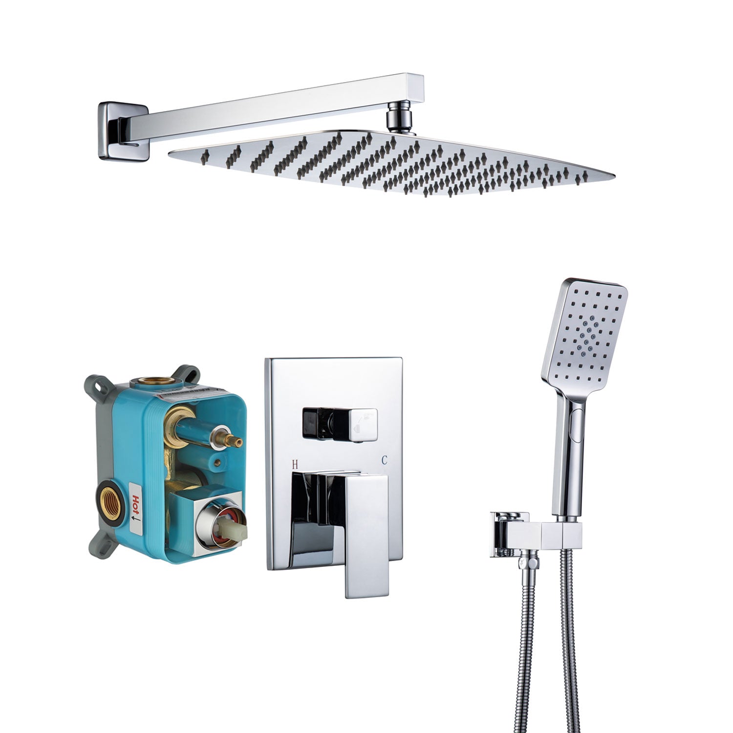 12" Shower Head 2-way Wall-Mount Square Shower Faucet with Rough in-Valve