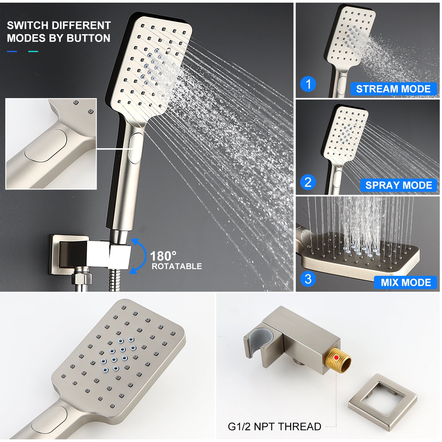 12" Shower Head 3-way Wall-Mount Square Shower Faucet with Rough-in Valve