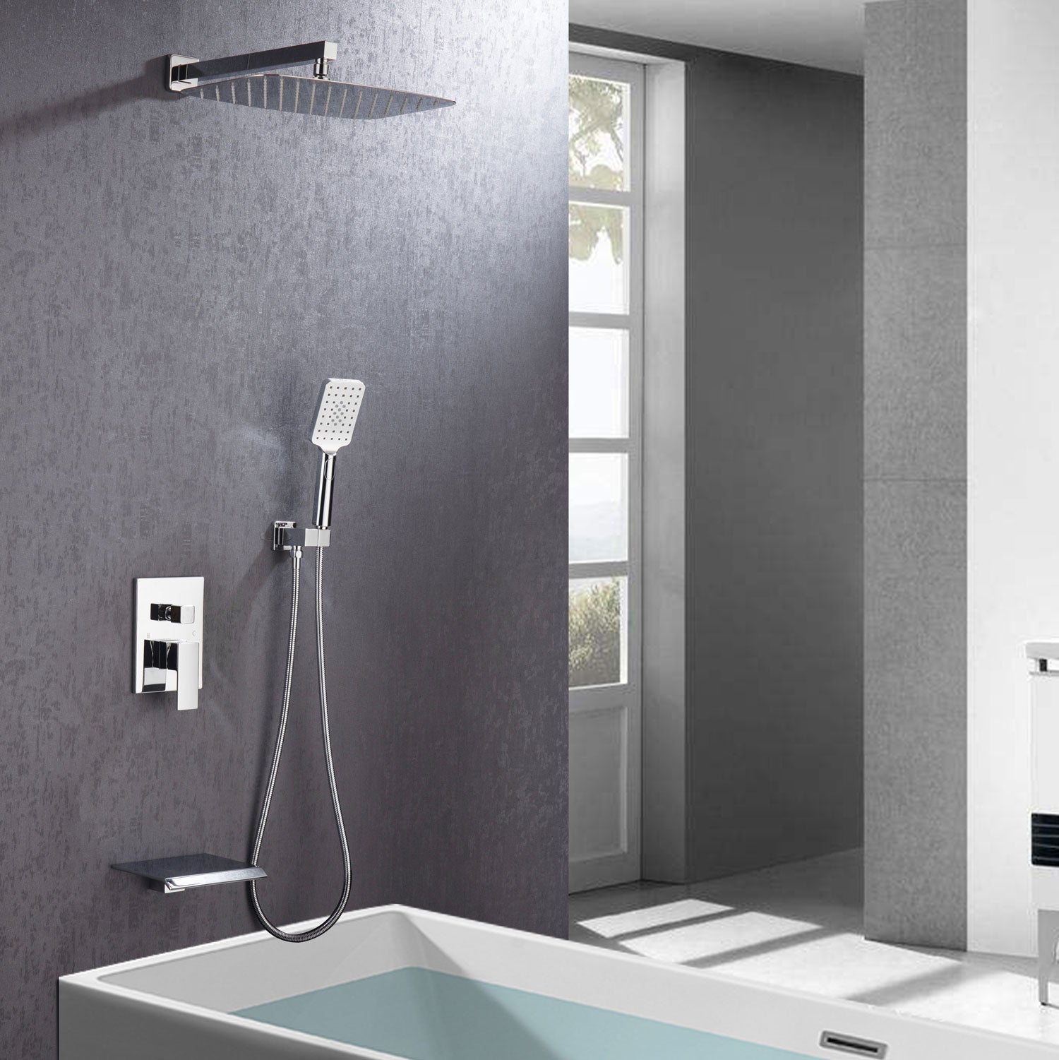 12" Shower Head 3-way Wall-Mount Square Shower Faucet with Rough-in Valve