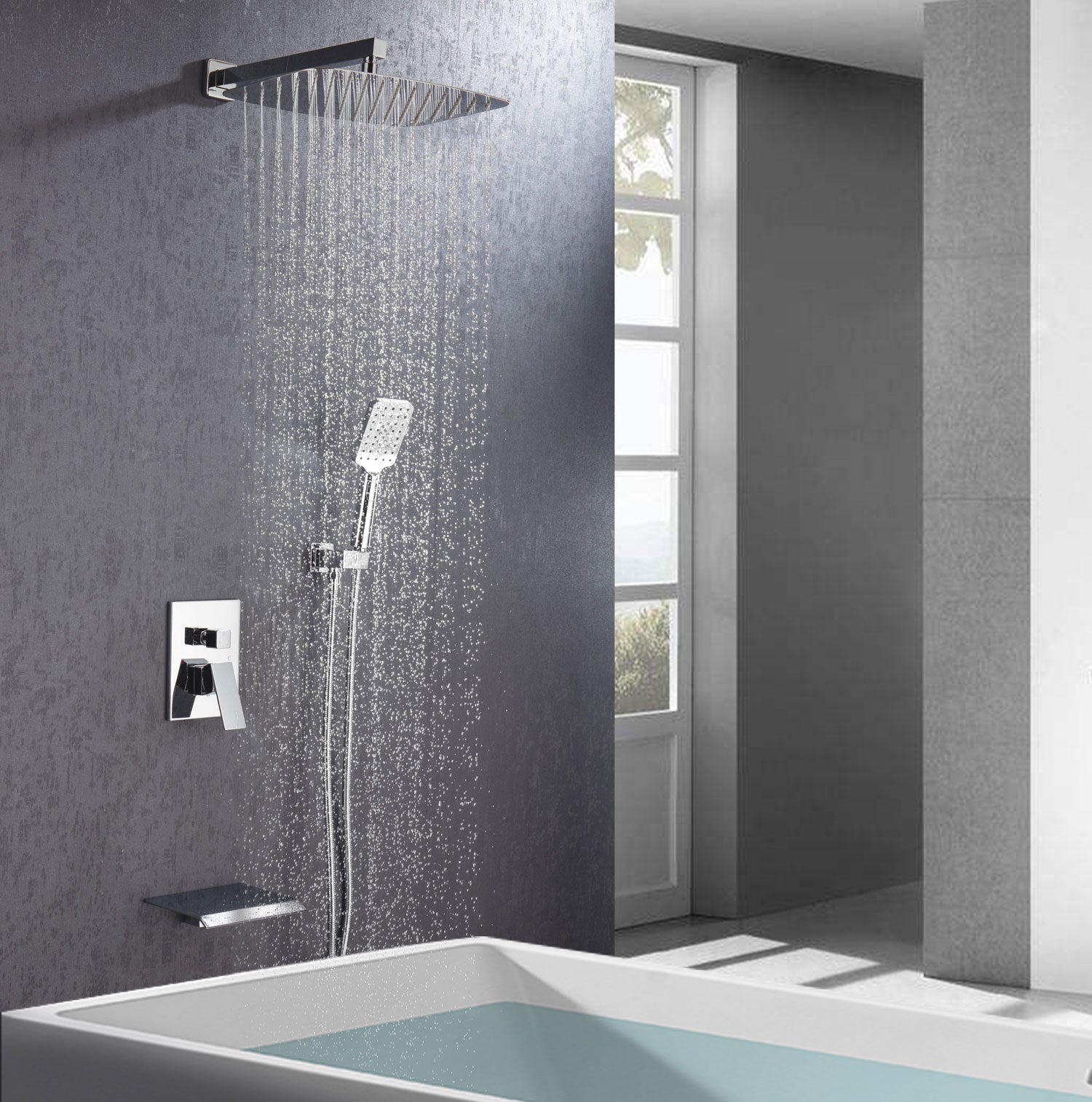 12" Shower Head 3-way Wall-Mount Square Shower Faucet with Rough-in Valve