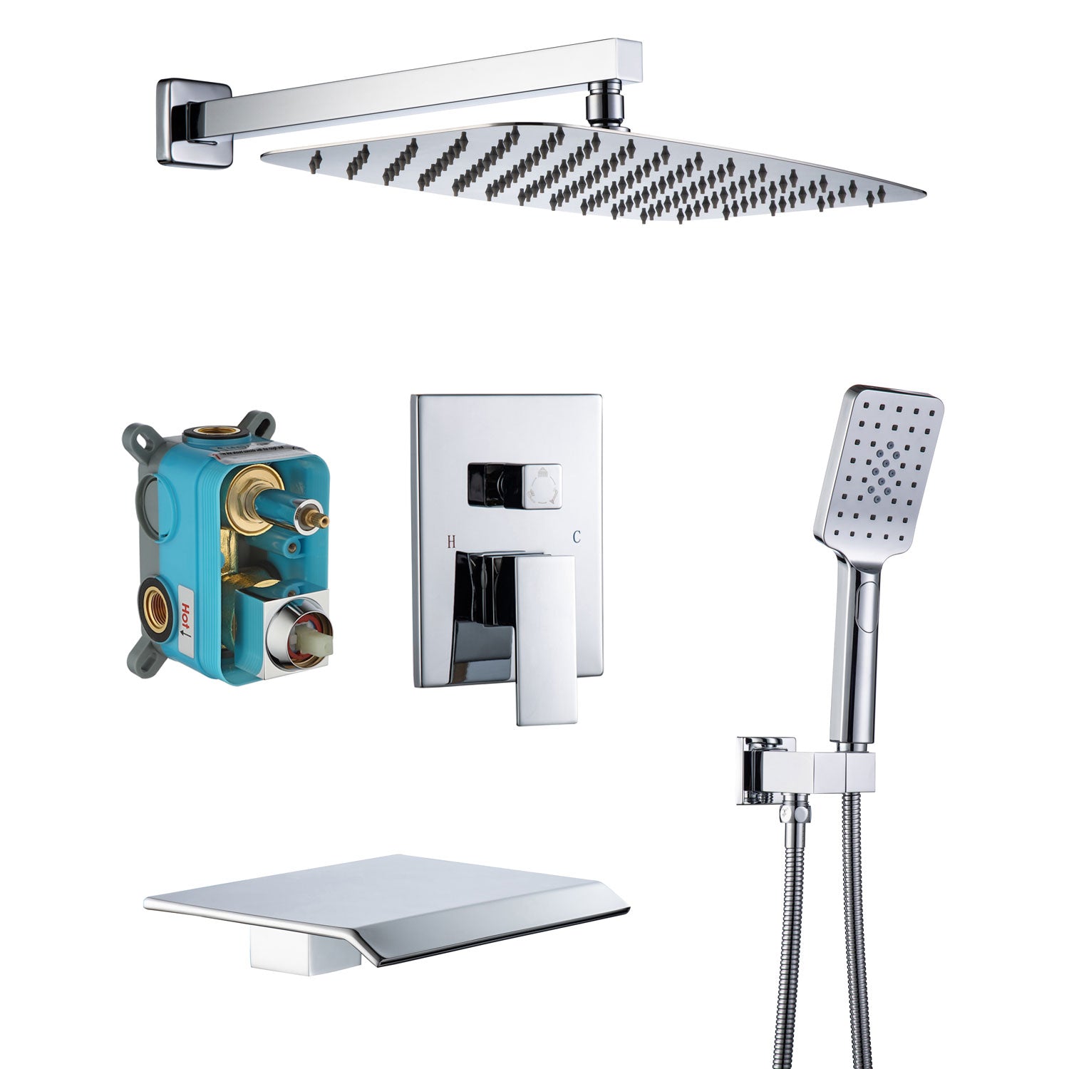 12" Shower Head 3-way Wall-Mount Square Shower Faucet with Rough-in Valve