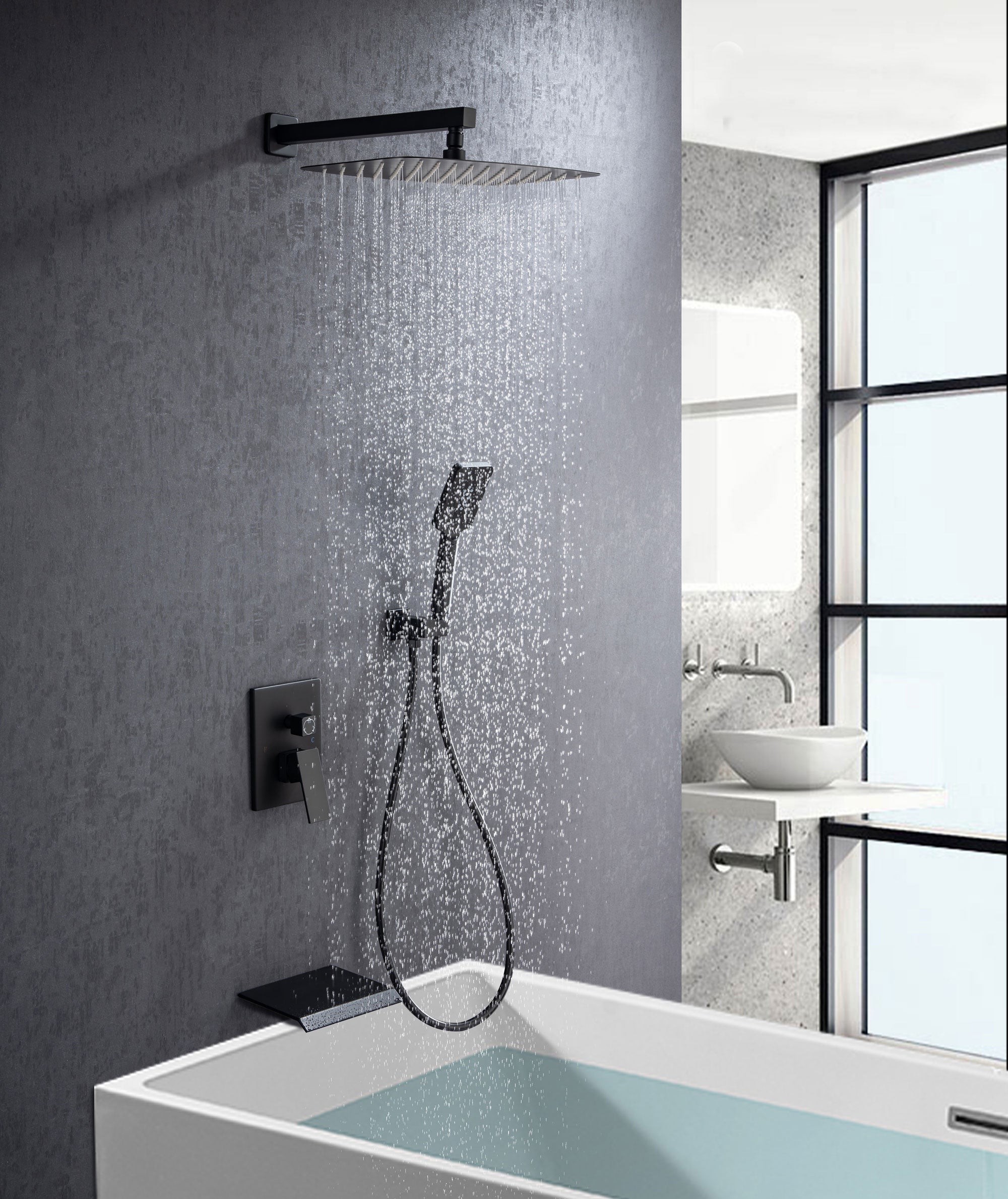 12" Shower Head 3-way Wall-Mount Square Shower Faucet with Rough-in Valve