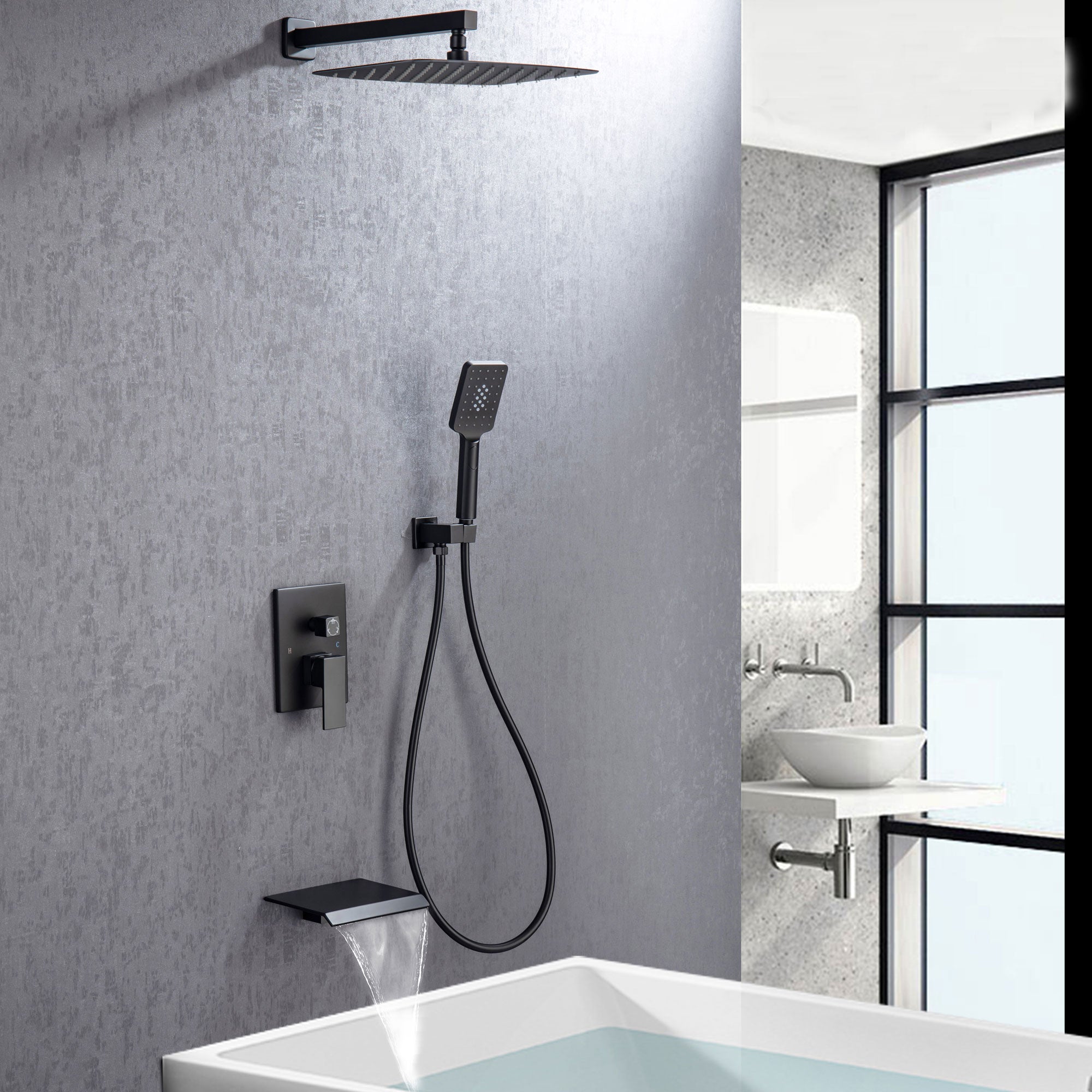 12" Shower Head 3-way Wall-Mount Square Shower Faucet with Rough-in Valve