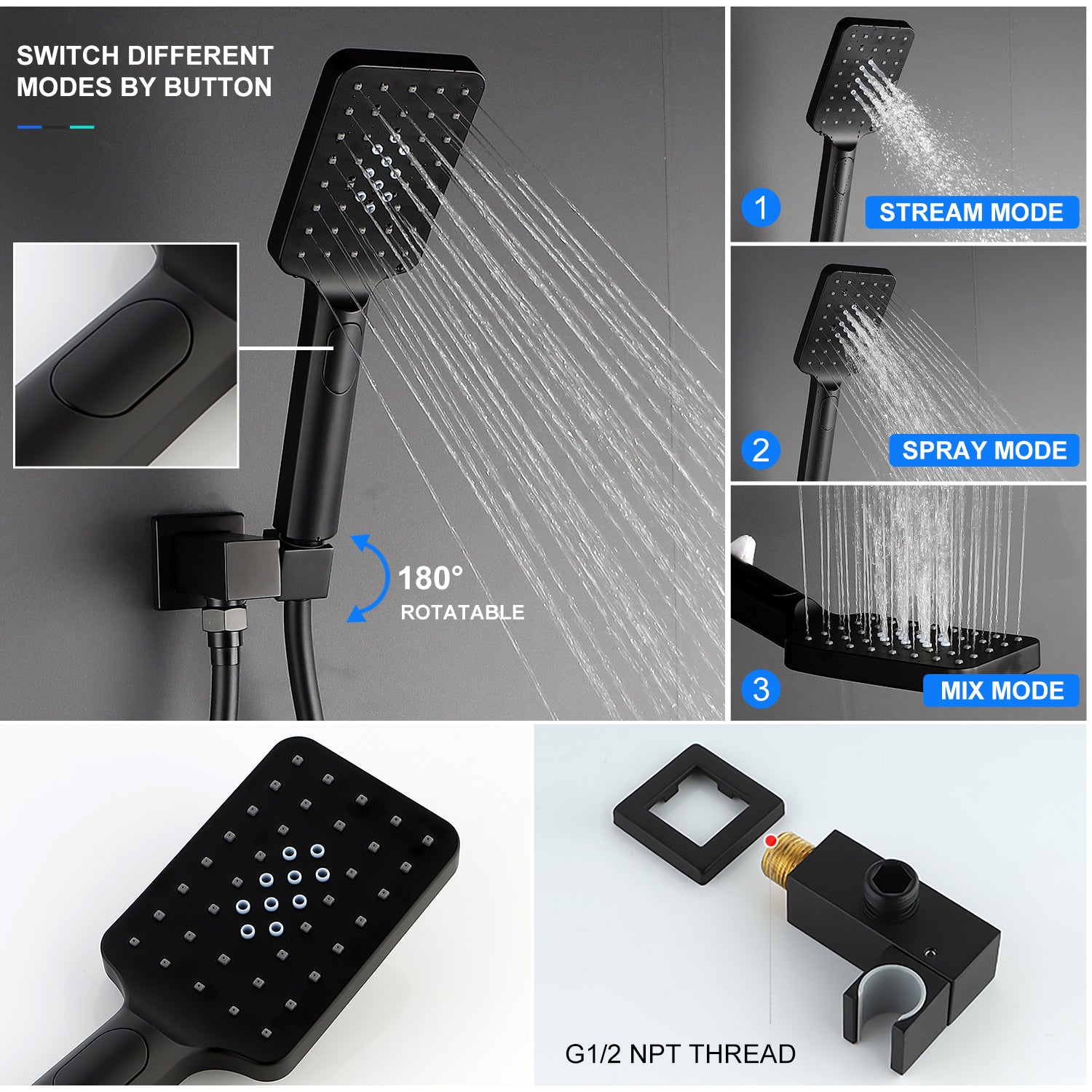 12" Shower Head 3-way Wall-Mount Square Shower Faucet with Rough-in Valve