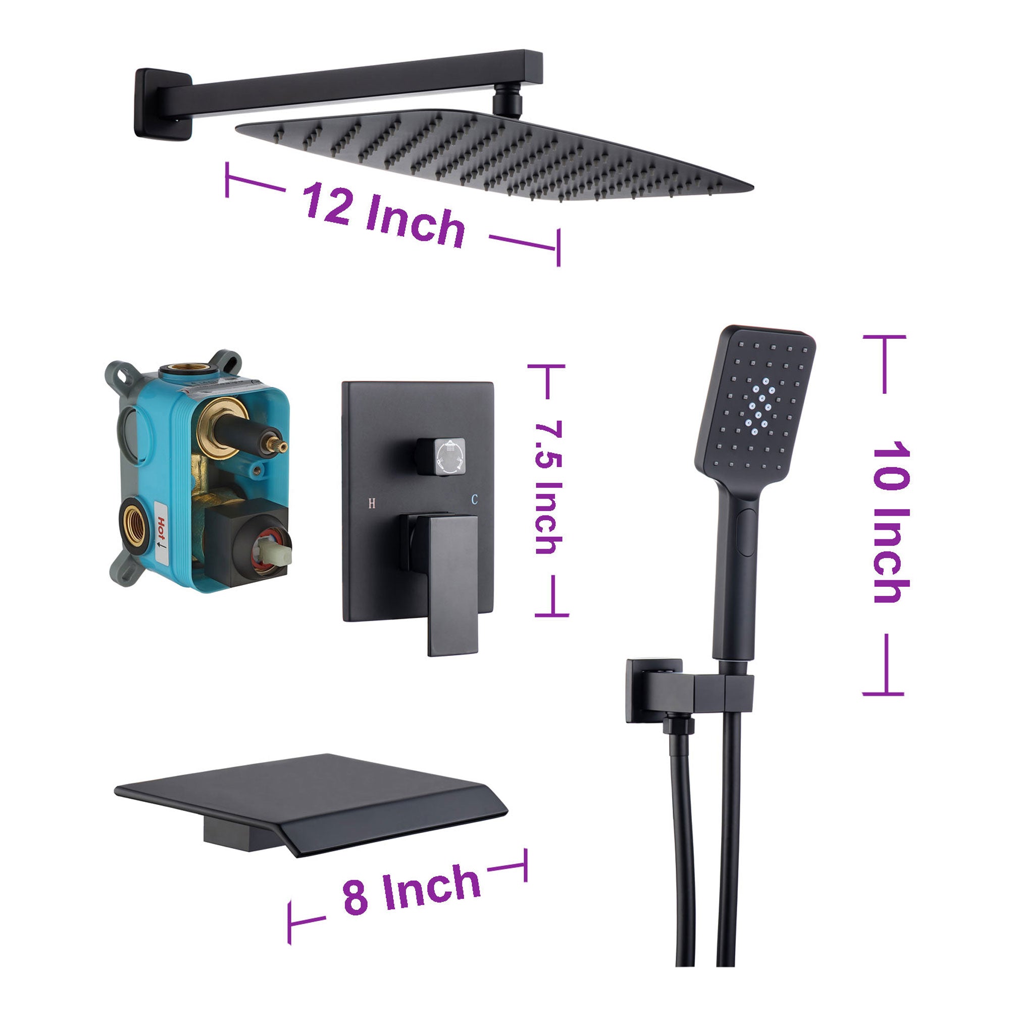 12" Shower Head 3-way Wall-Mount Square Shower Faucet with Rough-in Valve