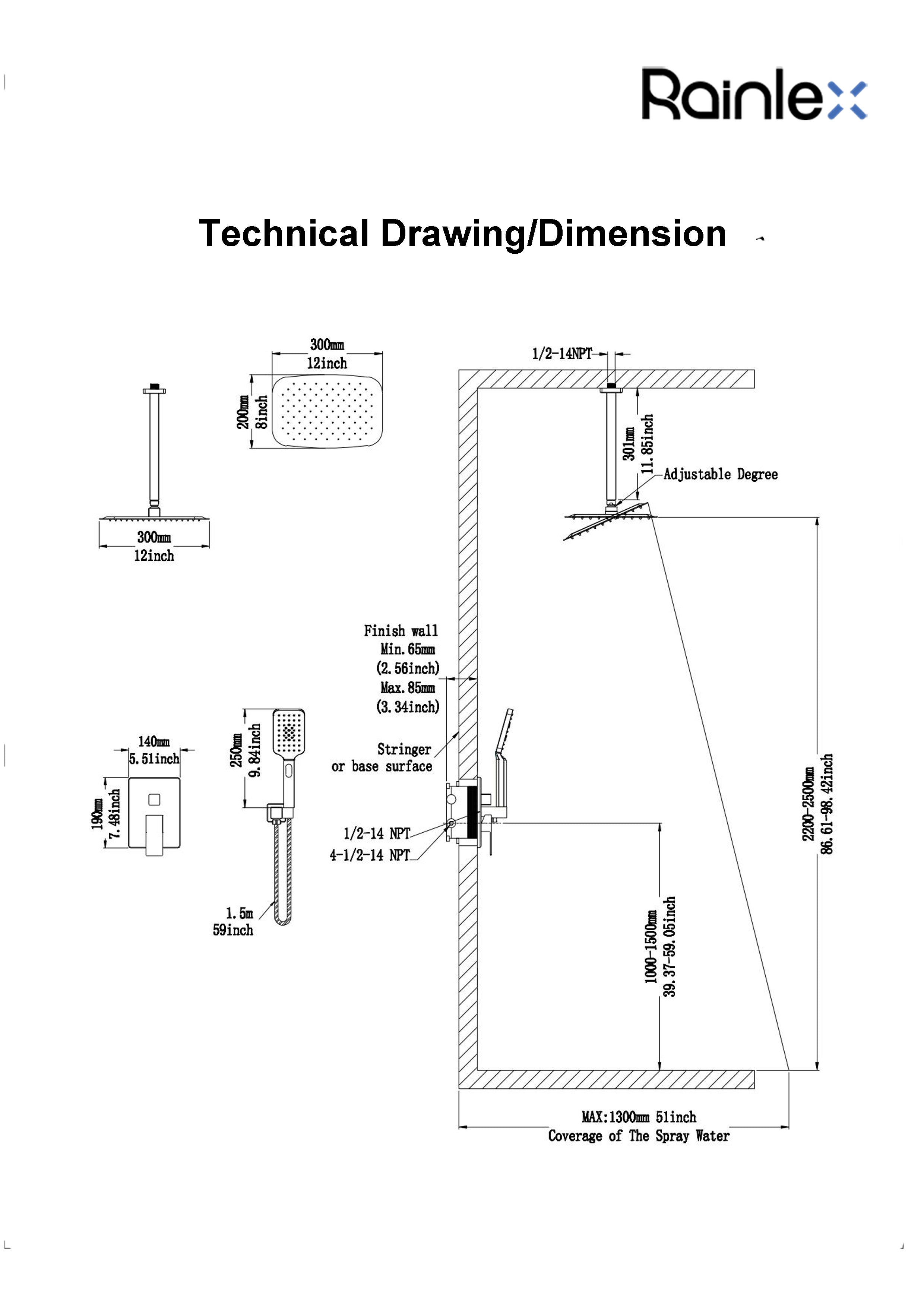 12" Wall Mount Complete Shower System with Rough-in Valve