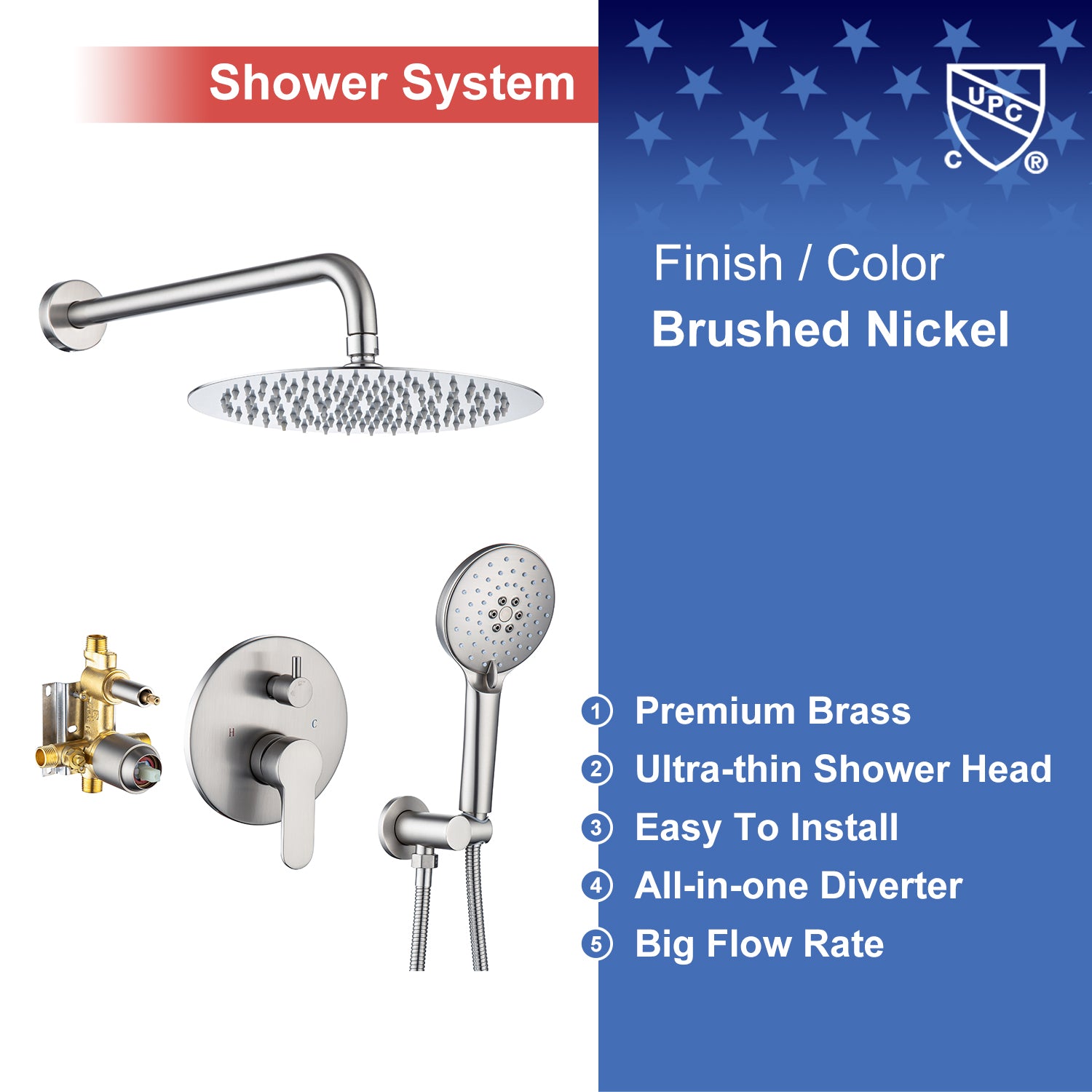 10" Shower Head 2-way Wall-Mount Round Shower Faucet with Rough-in Valve