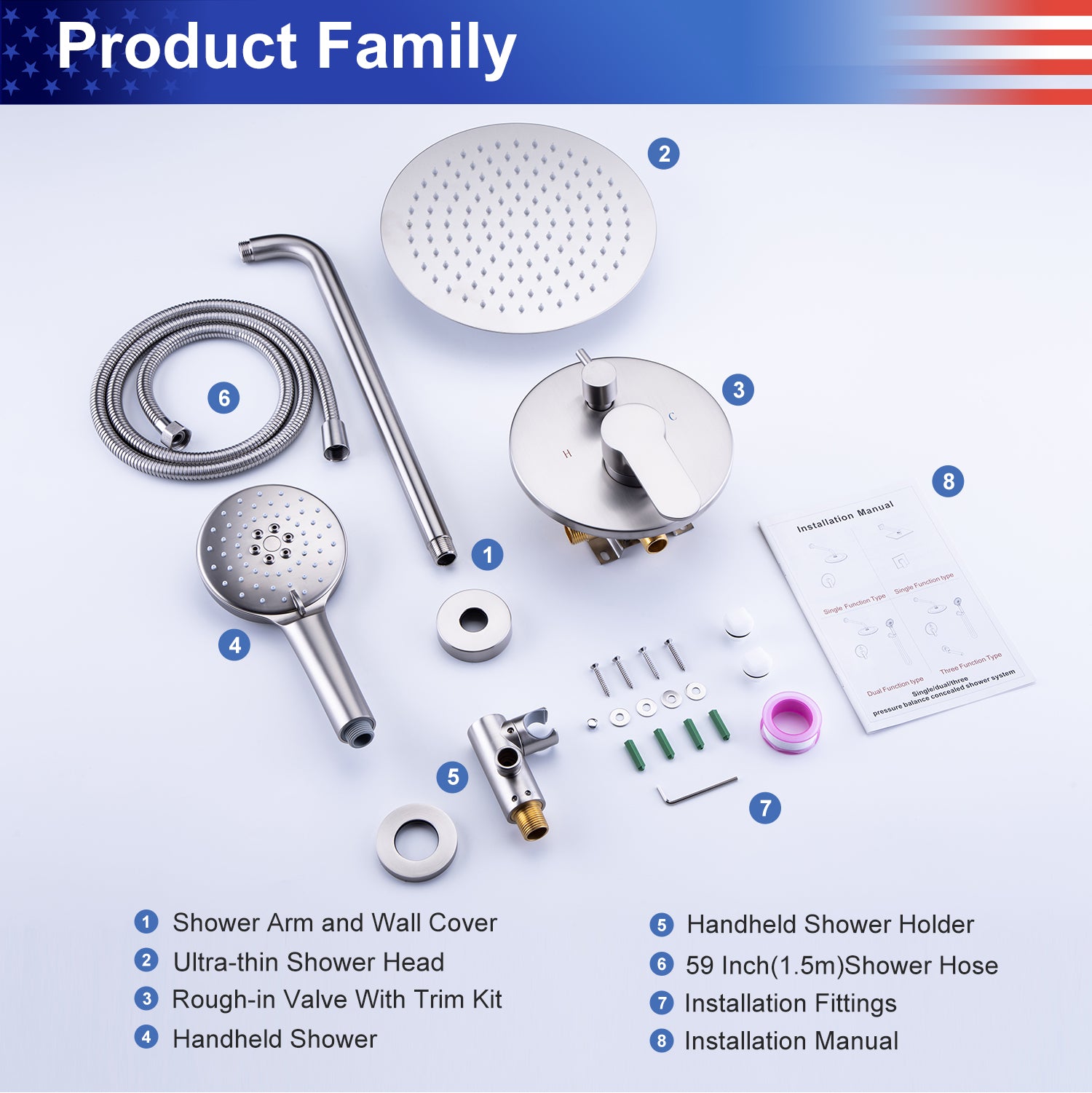 10" Shower Head 2-way Wall-Mount Round Shower Faucet with Rough-in Valve
