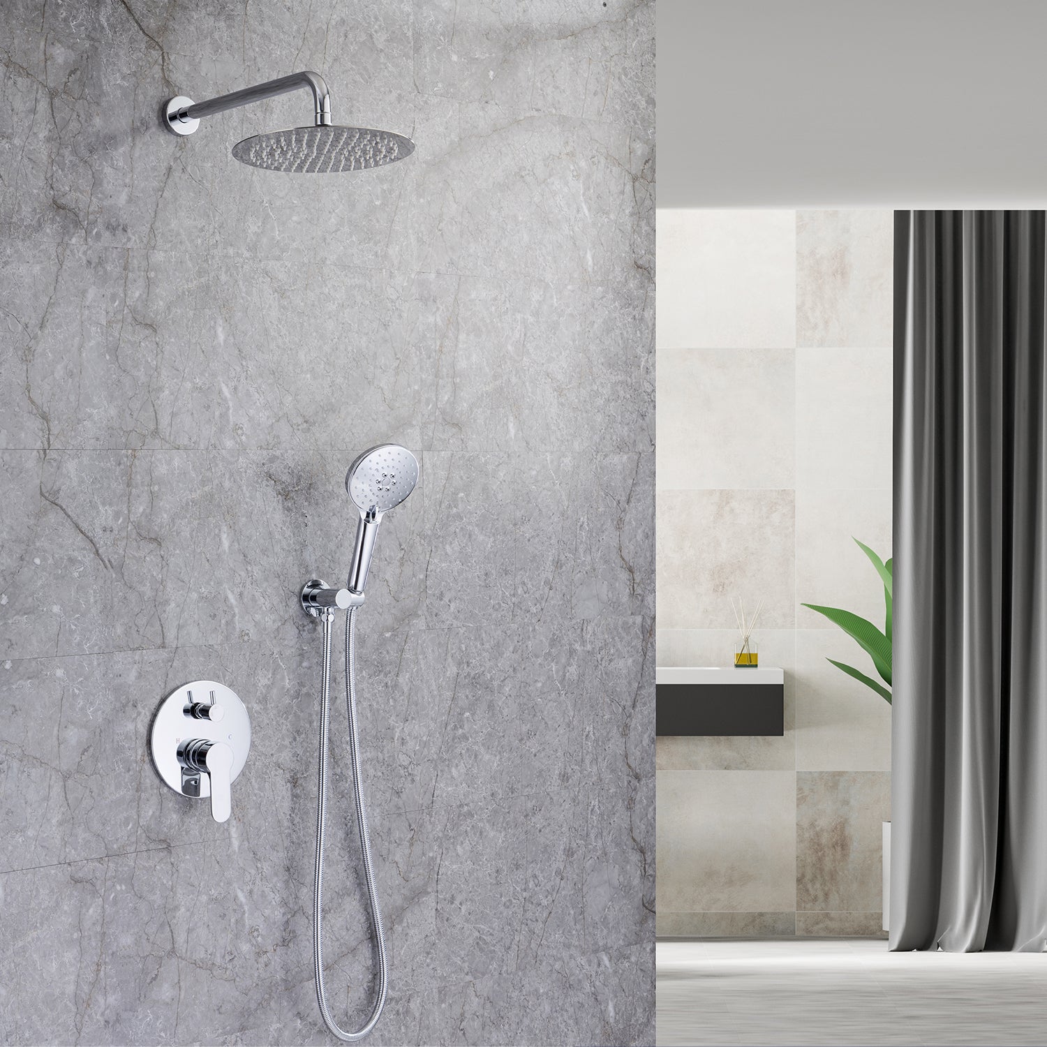 10" Shower Head 2-way Wall-Mount Round Shower Faucet with Rough-in Valve