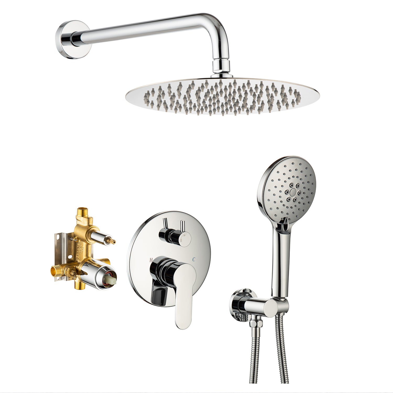 10" Shower Head 2-way Wall-Mount Round Shower Faucet with Rough-in Valve