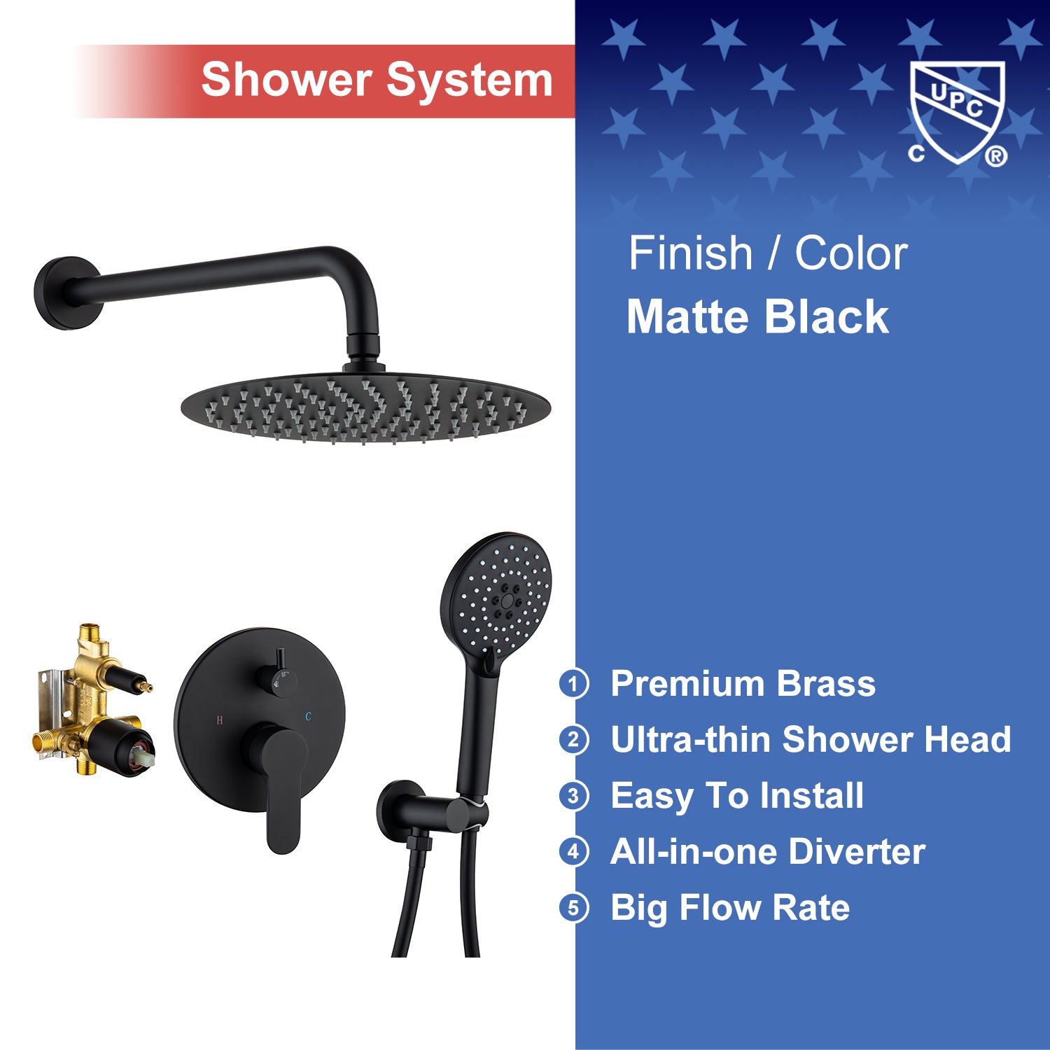 10" Shower Head 2-way Wall-Mount Round Shower Faucet with Rough-in Valve