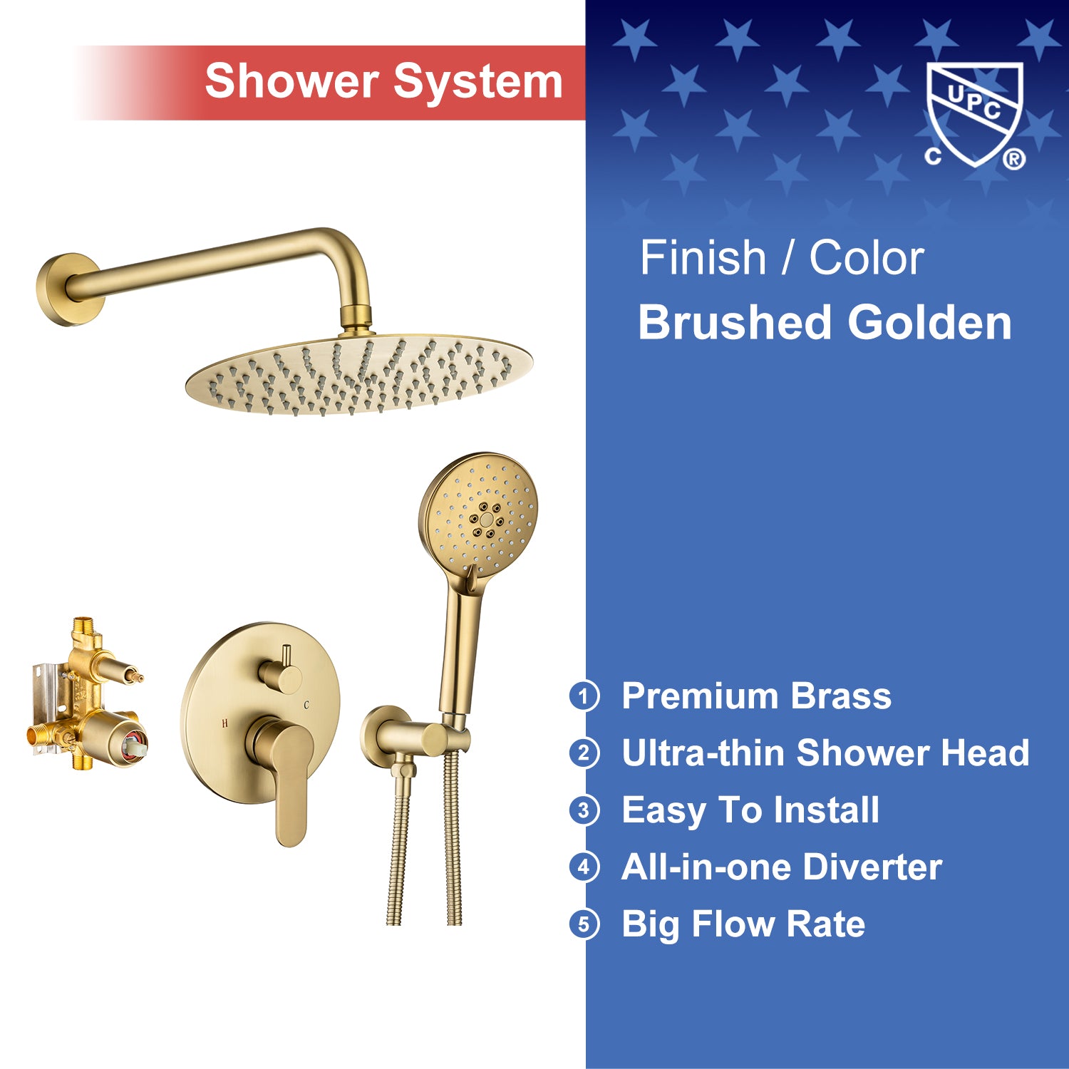 10" Shower Head 2-way Wall-Mount Round Shower Faucet with Rough-in Valve