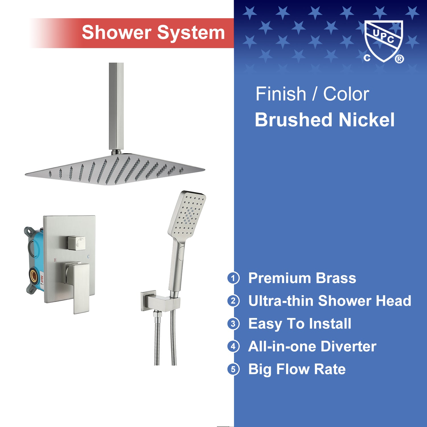 12" Shower Head 2-way Ceiling-Mount Square Shower Faucet with Rough-in Valve