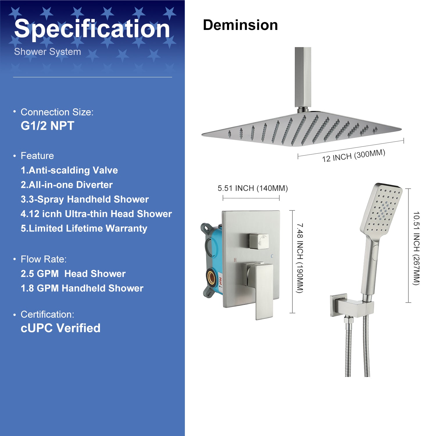 12" Shower Head 2-way Ceiling-Mount Square Shower Faucet with Rough-in Valve