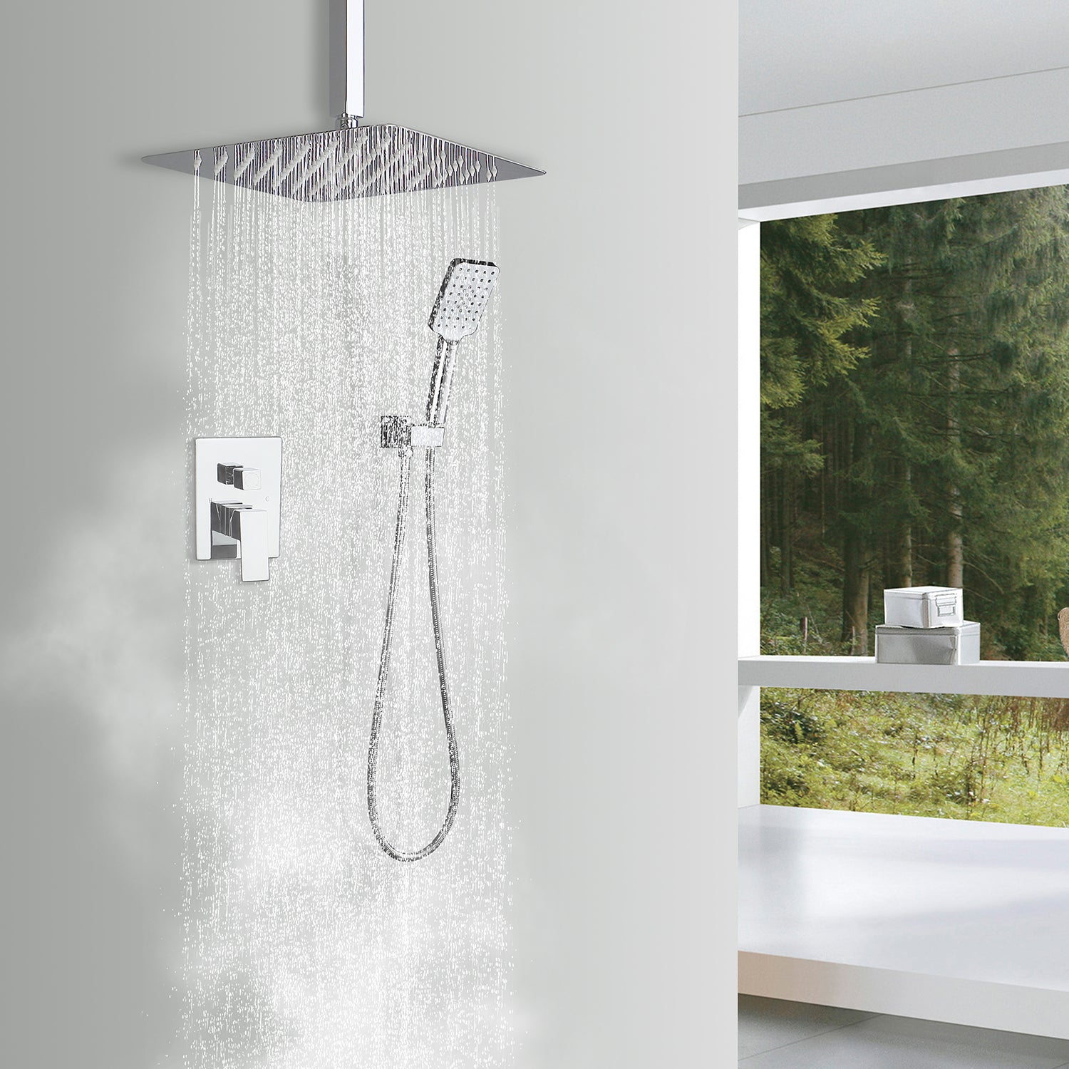 12" Shower Head 2-way Ceiling-Mount Square Shower Faucet with Rough-in Valve