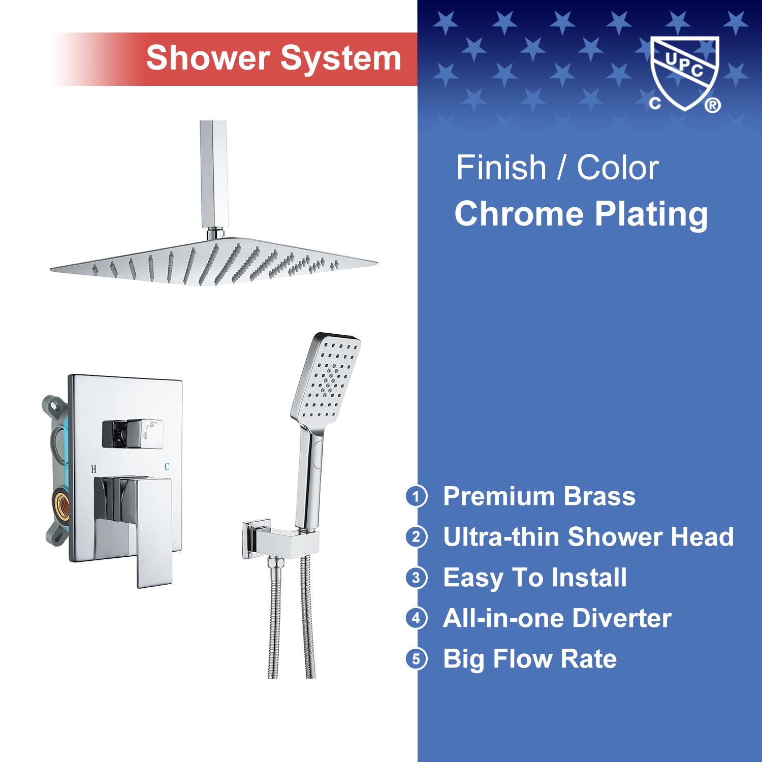 12" Shower Head 2-way Ceiling-Mount Square Shower Faucet with Rough-in Valve