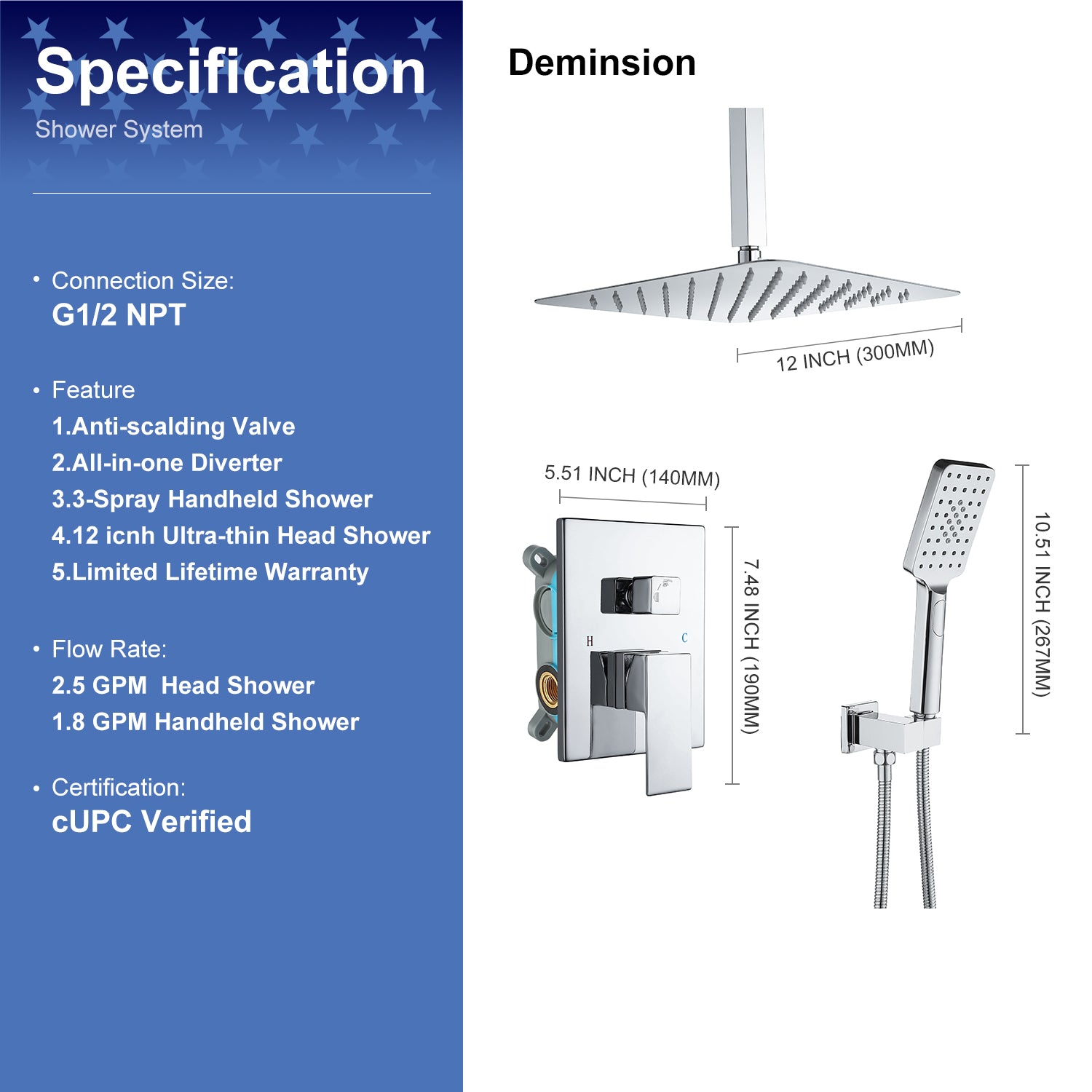 12" Shower Head 2-way Ceiling-Mount Square Shower Faucet with Rough-in Valve