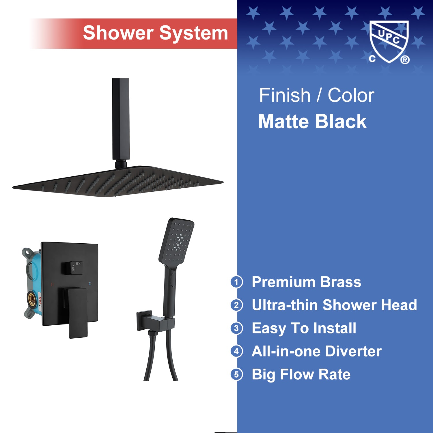 12" Shower Head 2-way Ceiling-Mount Square Shower Faucet with Rough-in Valve