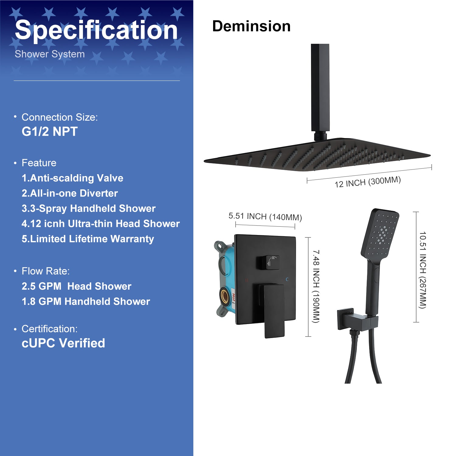 12" Shower Head 2-way Ceiling-Mount Square Shower Faucet with Rough-in Valve